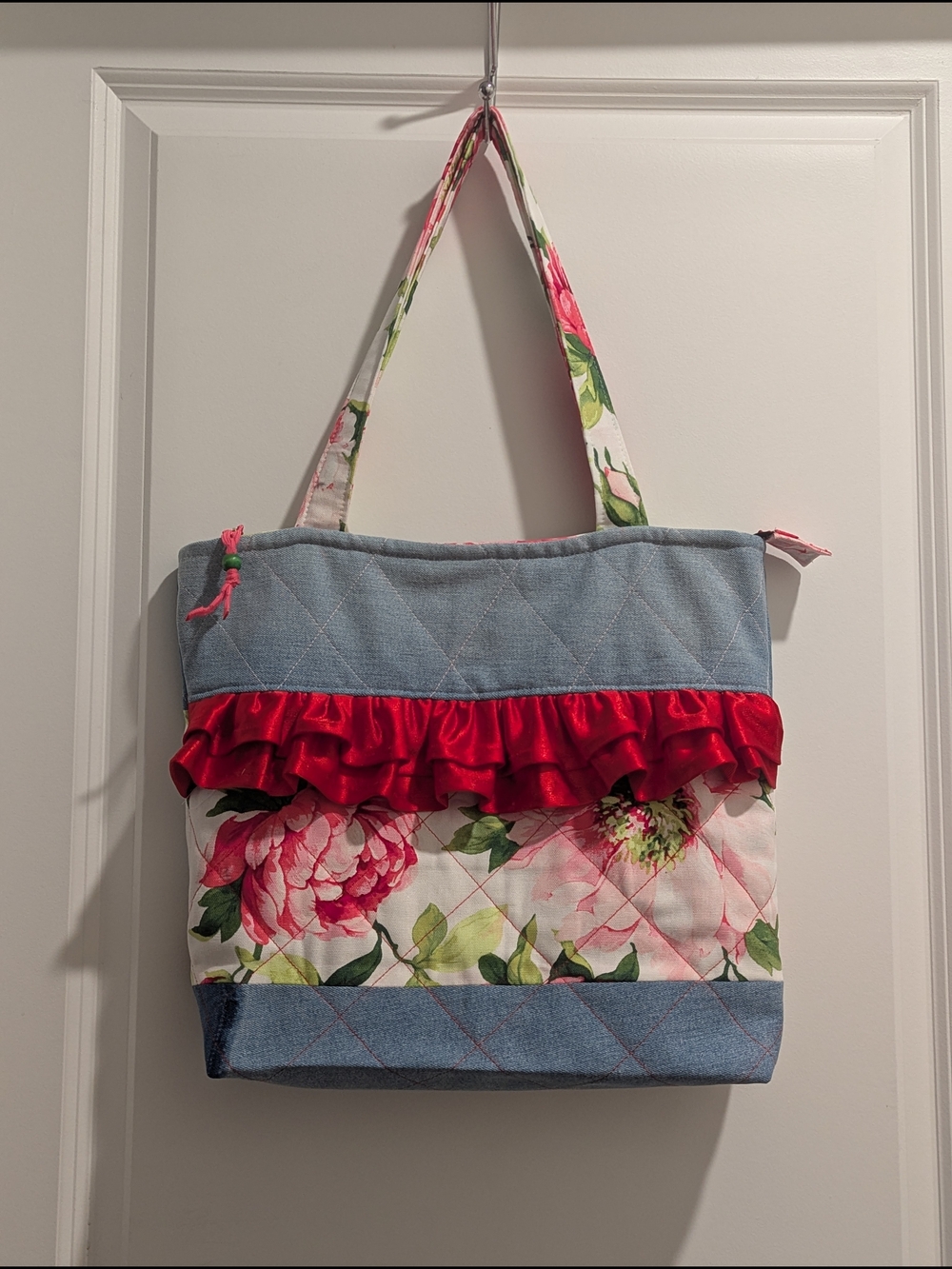 Floral Quilted Tote with Red Ruffle Detail And Denim (Handmade)